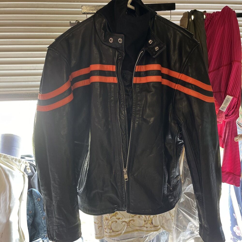 Authentic Unik Leather Apparel Black/Orange Stripe Motorcycle Jacket 44 Harley